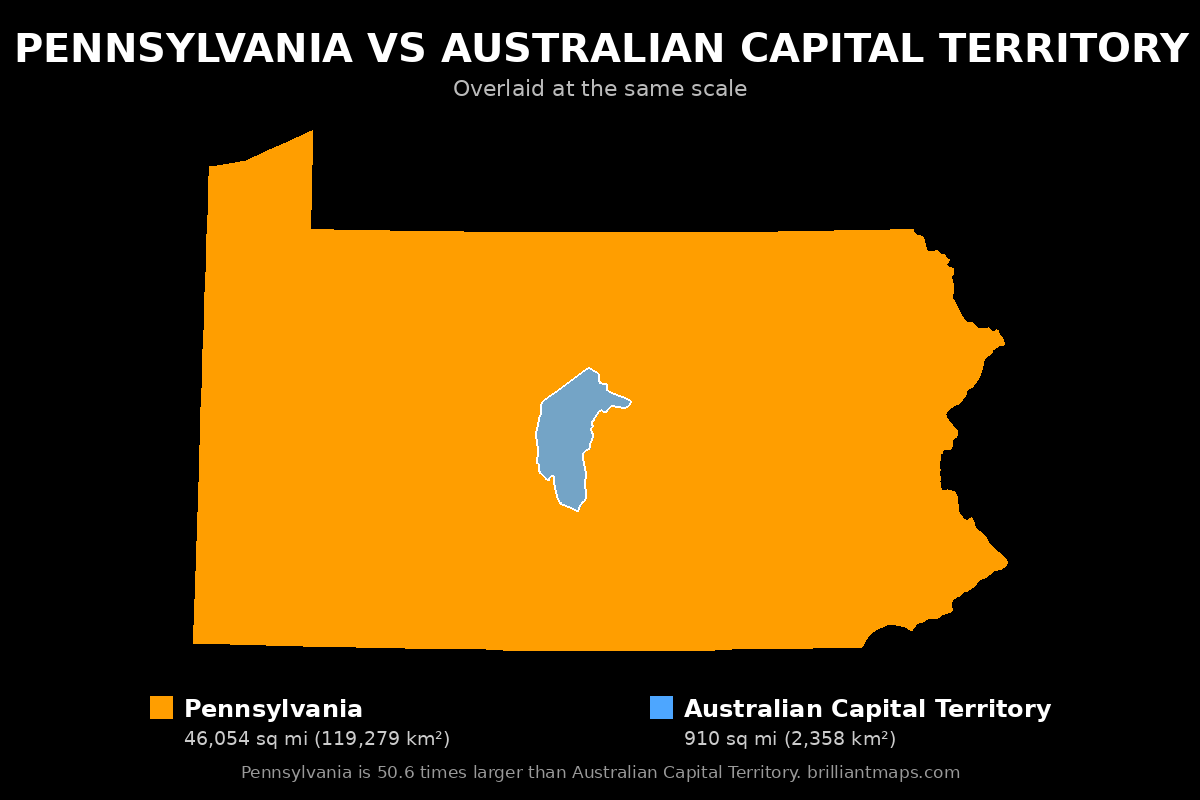 Pennsylvania vs Australian Capital Territory Size Comparison Map