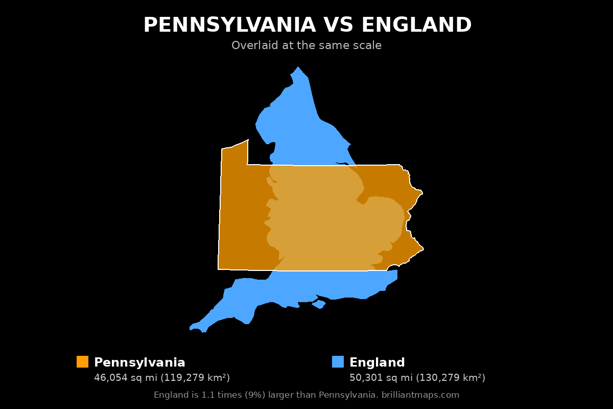 Pennsylvania vs England Size Comparison Map