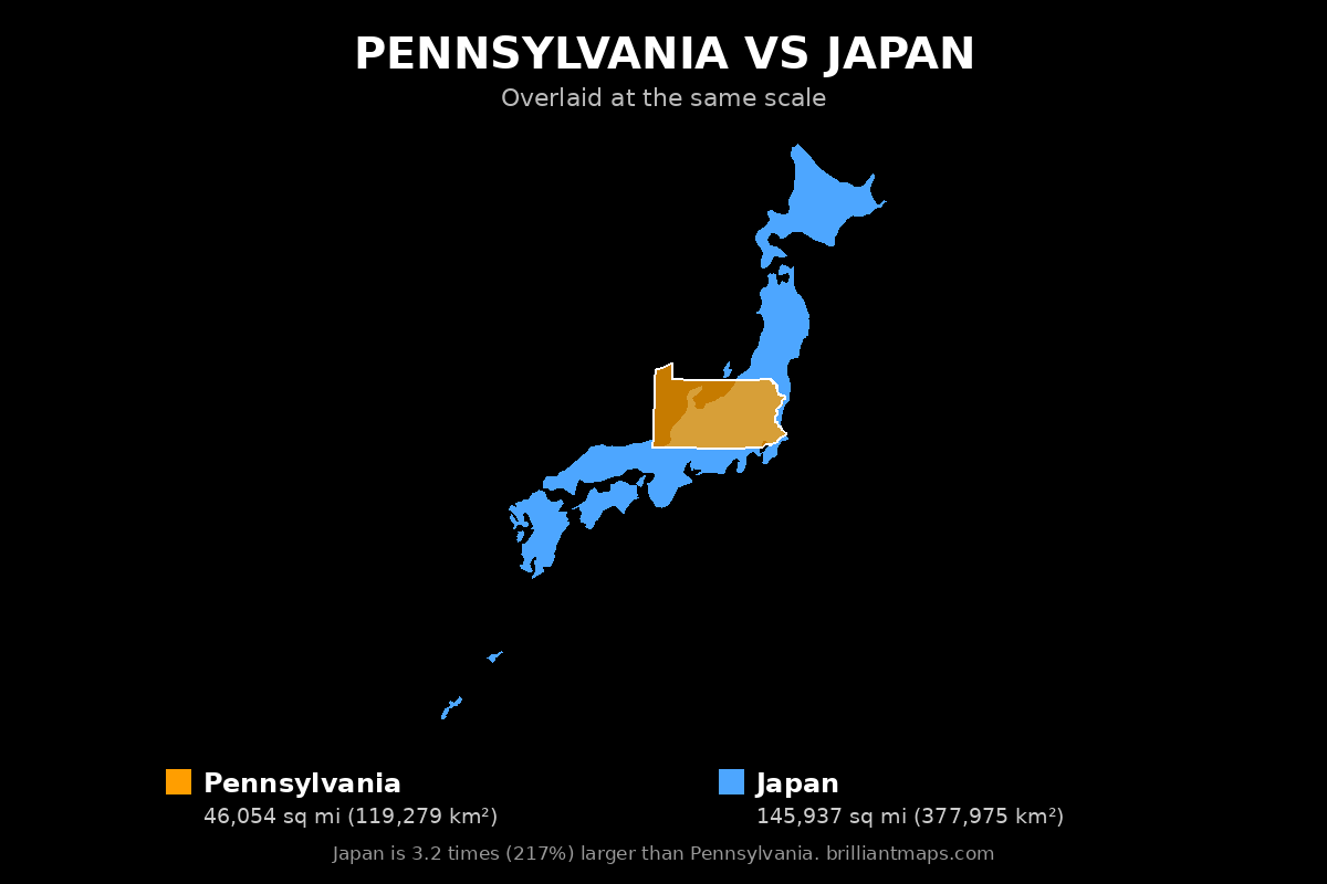 Pennsylvania vs Japan Size Comparison Map