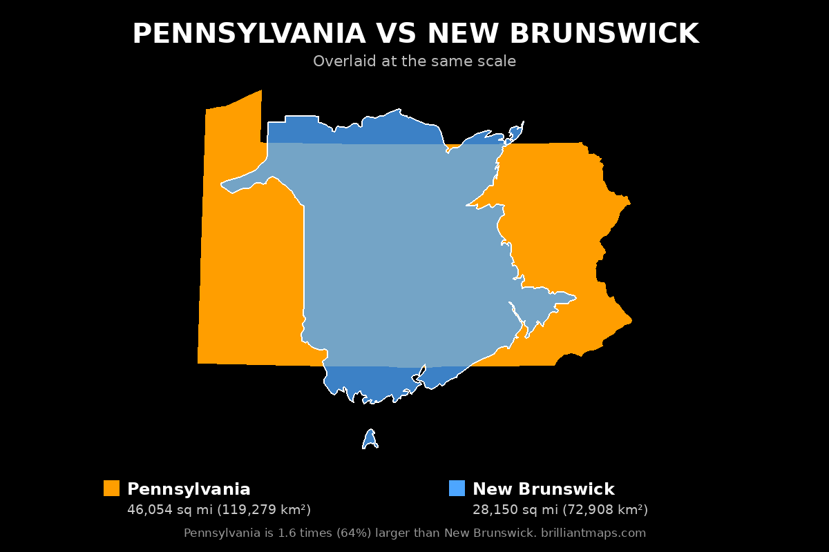 Pennsylvania vs New Brunswick Size Comparison Map