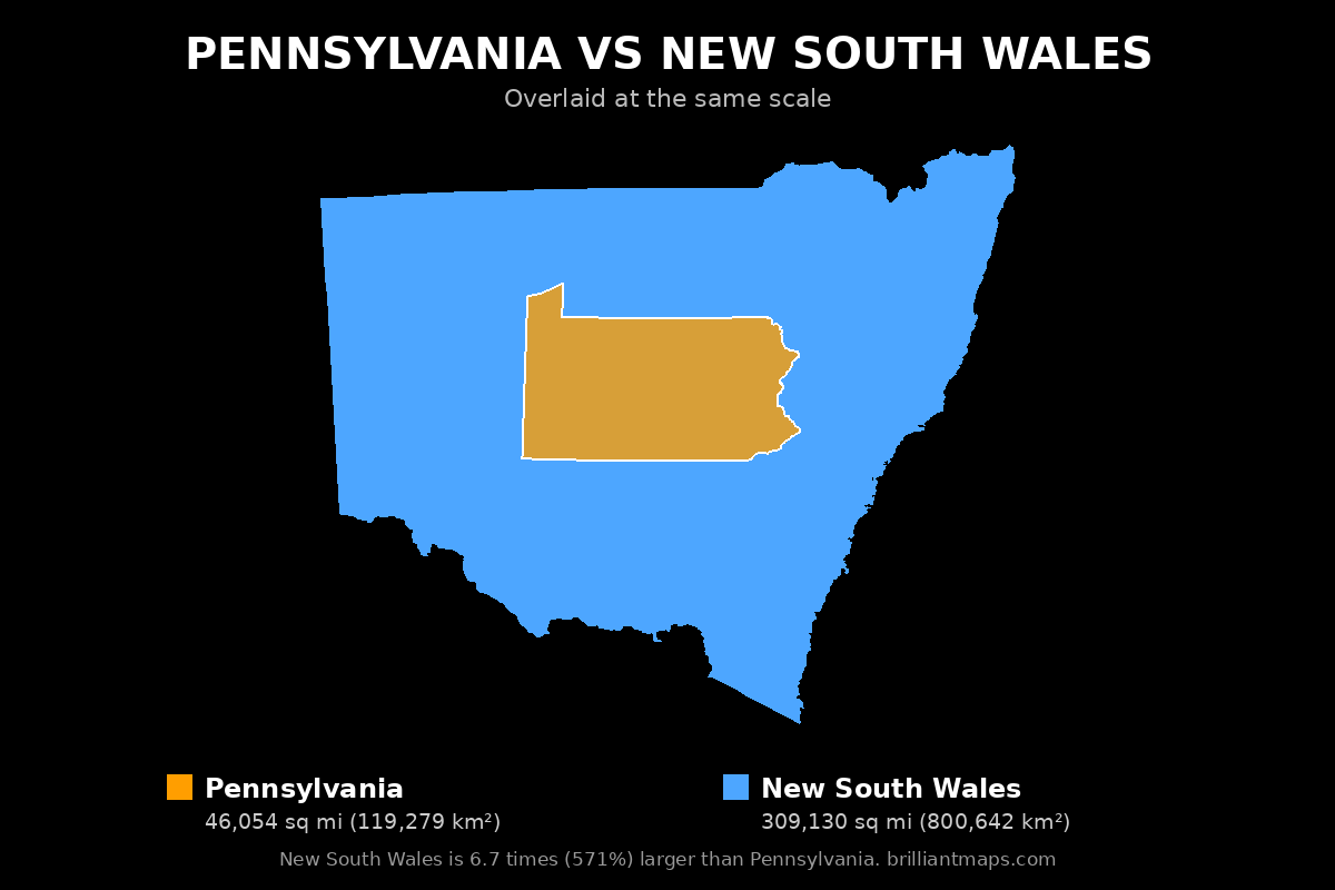 Pennsylvania vs New South Wales Size Comparison Map