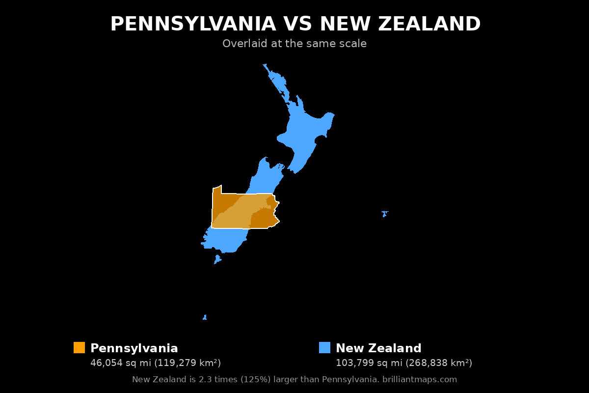 Pennsylvania vs New Zealand Size Comparison Map