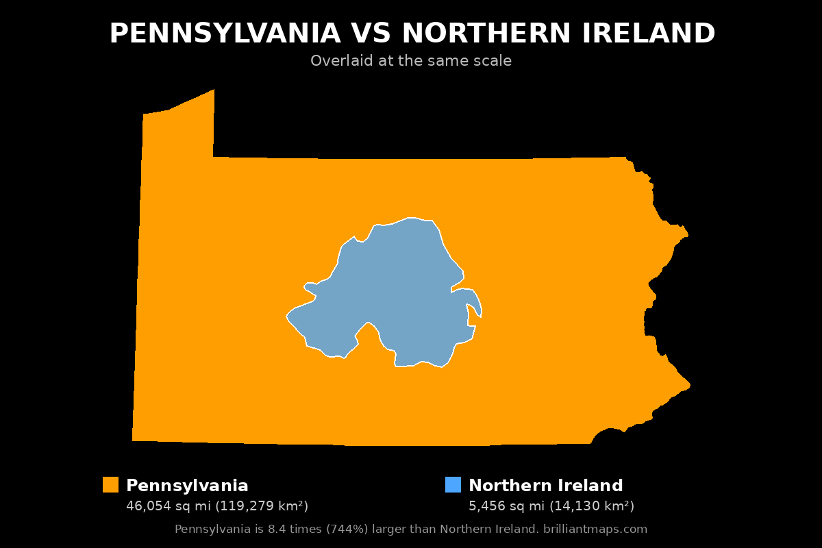 Pennsylvania vs Northern Ireland Size Comparison Map