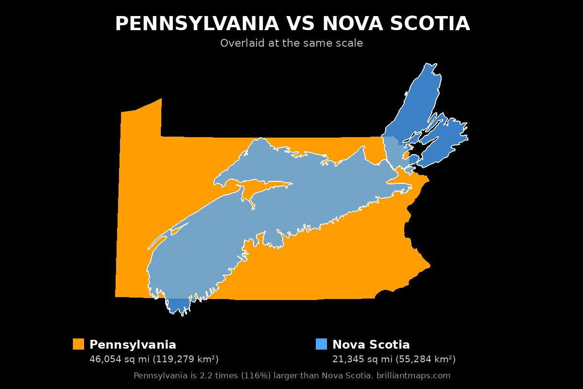 Pennsylvania vs Nova Scotia Size Comparison Map