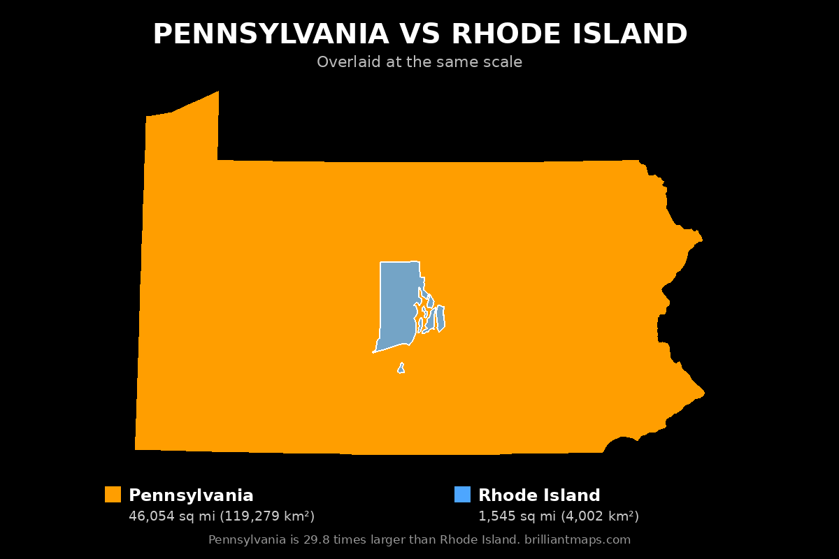 Pennsylvania vs Rhode Island Size Comparison Map