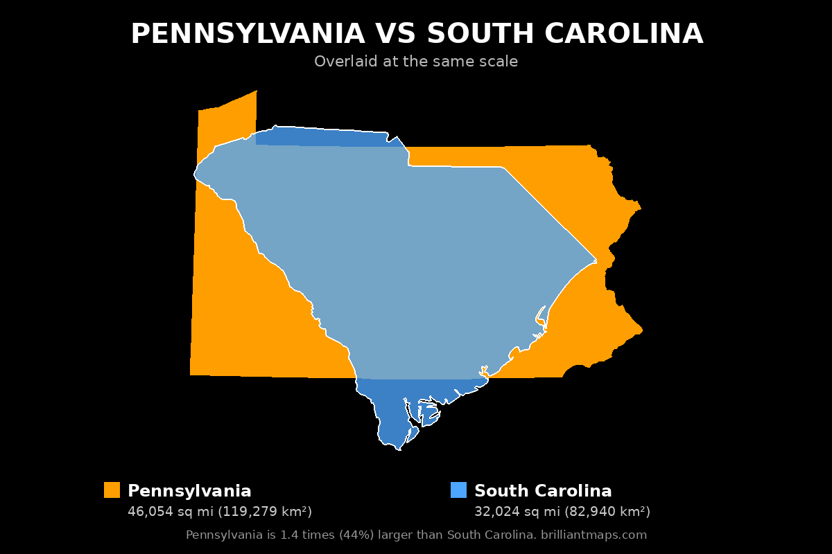 Pennsylvania vs South Carolina Size Comparison Map