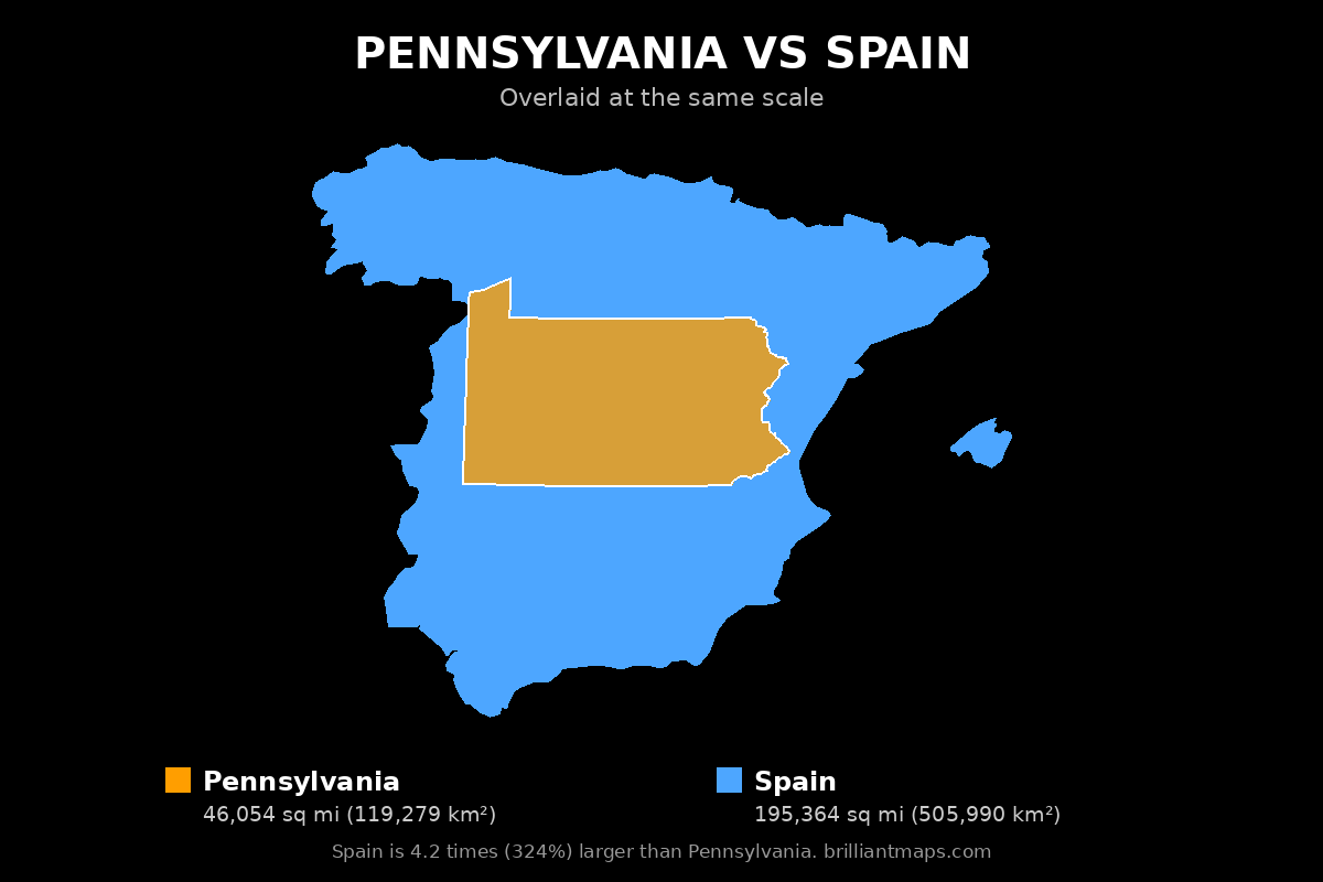 Pennsylvania vs Spain Size Comparison Map