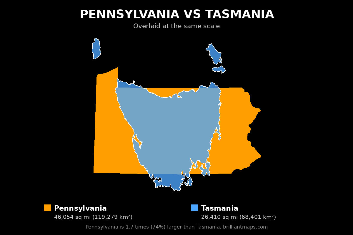 Pennsylvania vs Tasmania Size Comparison Map