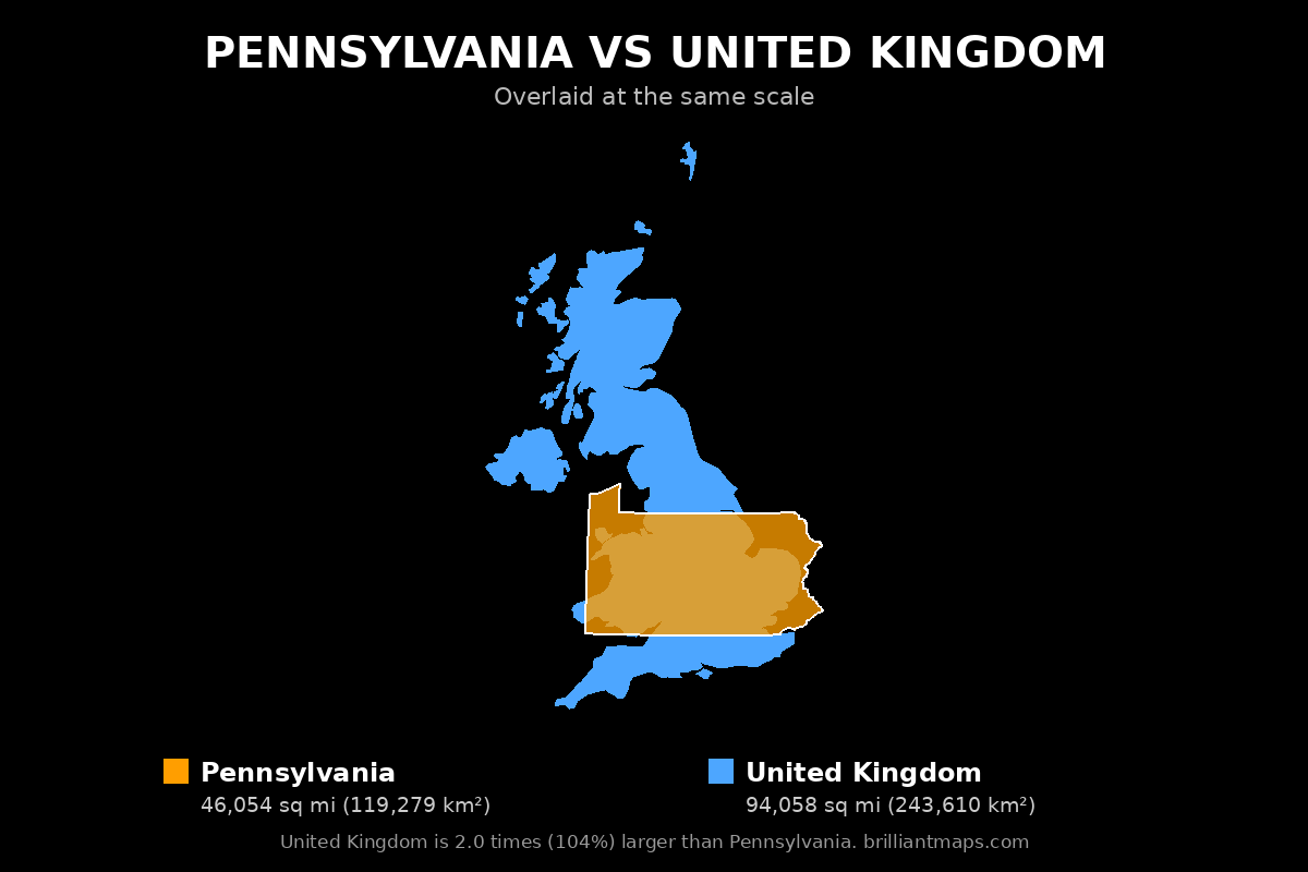 Pennsylvania vs United Kingdom Size Comparison Map