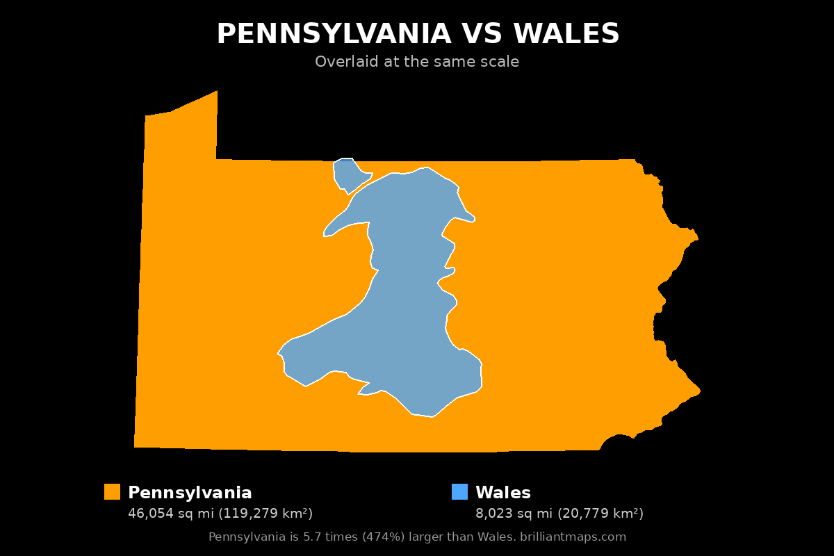 Pennsylvania vs Wales Size Comparison Map