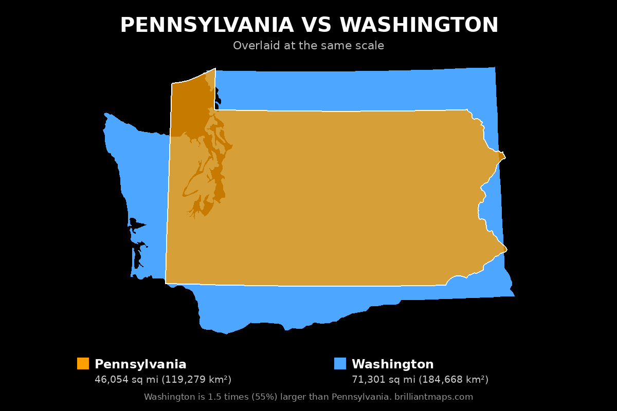 Pennsylvania vs Washington Size Comparison Map