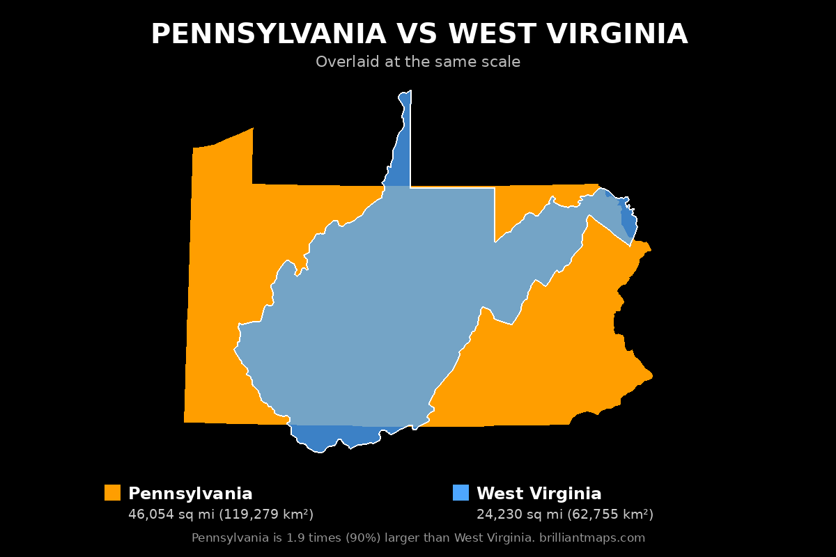 Pennsylvania vs West Virginia Size Comparison Map