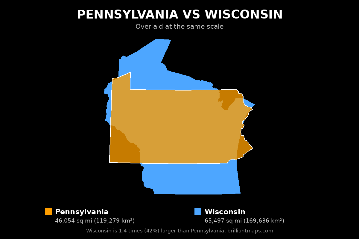 Pennsylvania vs Wisconsin Size Comparison Map