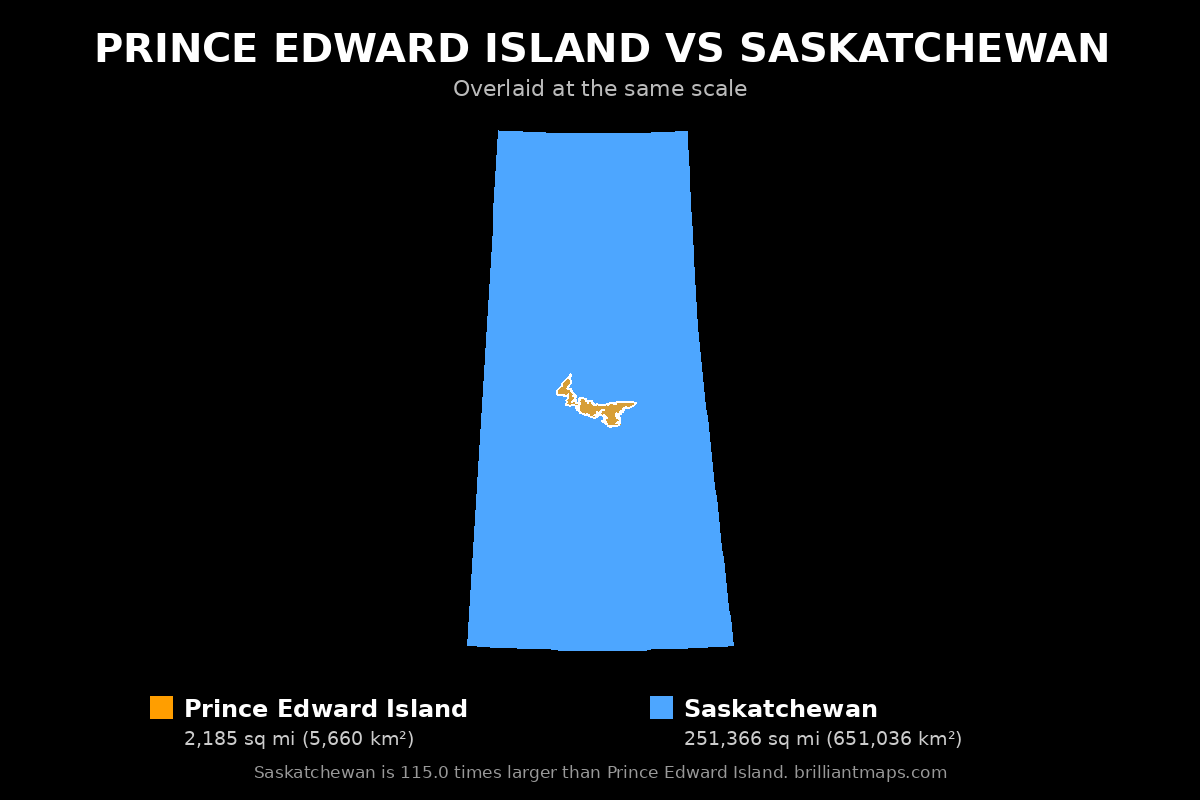 Prince Edward Island vs Saskatchewan Size Comparison Map
