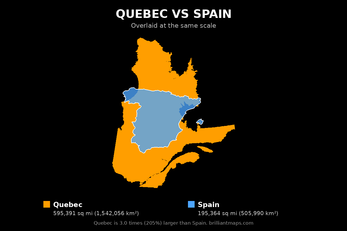 Quebec vs Spain Size Comparison Map