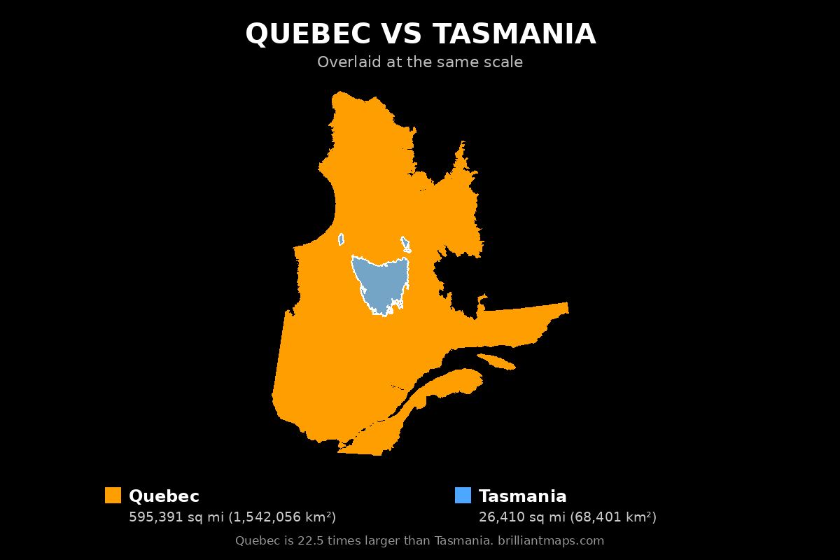 Quebec vs Tasmania Size Comparison Map