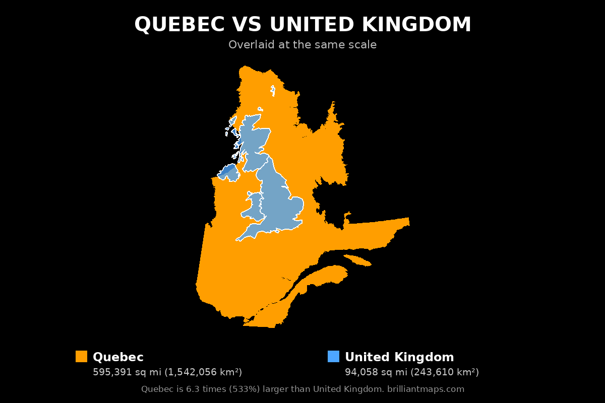 Quebec vs United Kingdom Size Comparison Map