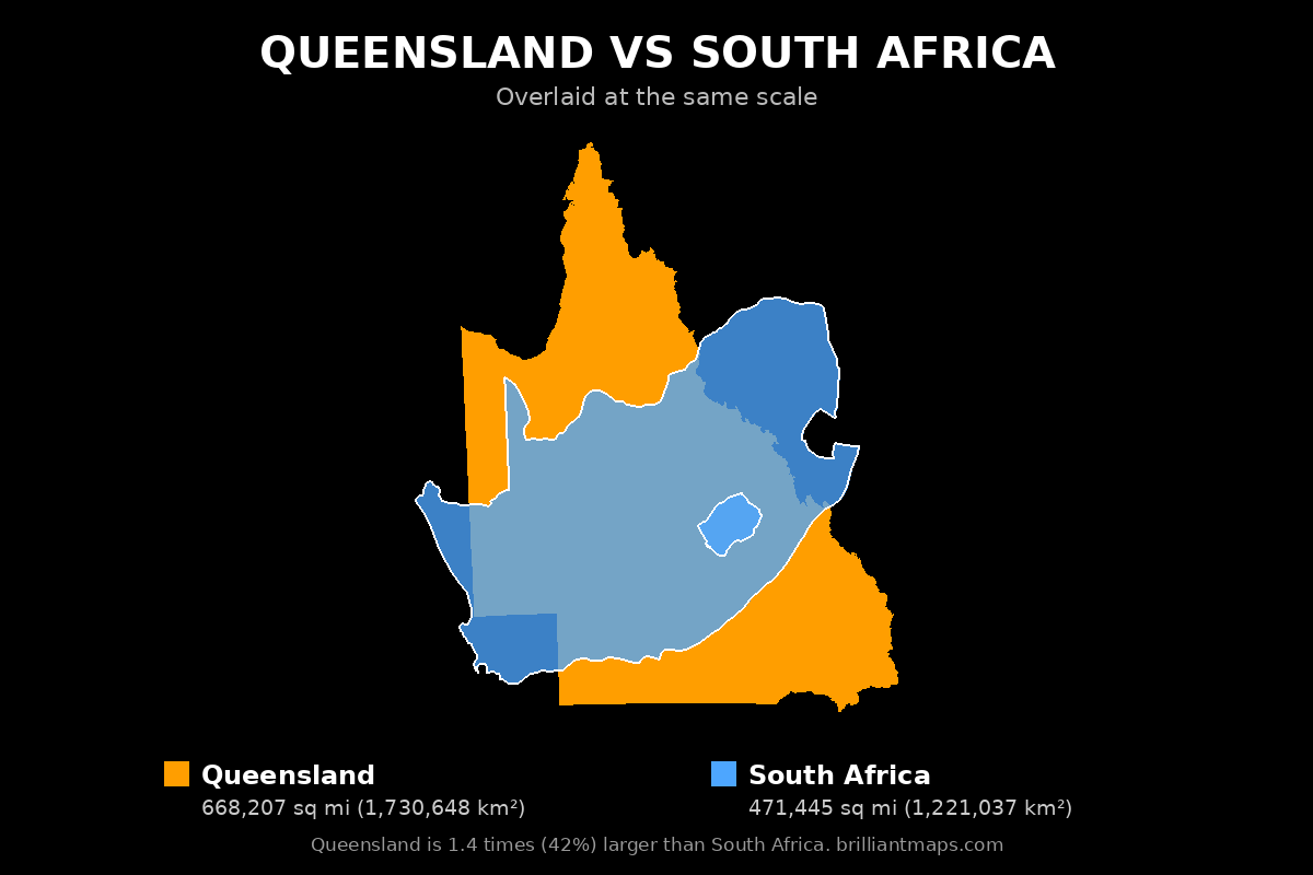 Queensland vs South Africa Size Comparison Map