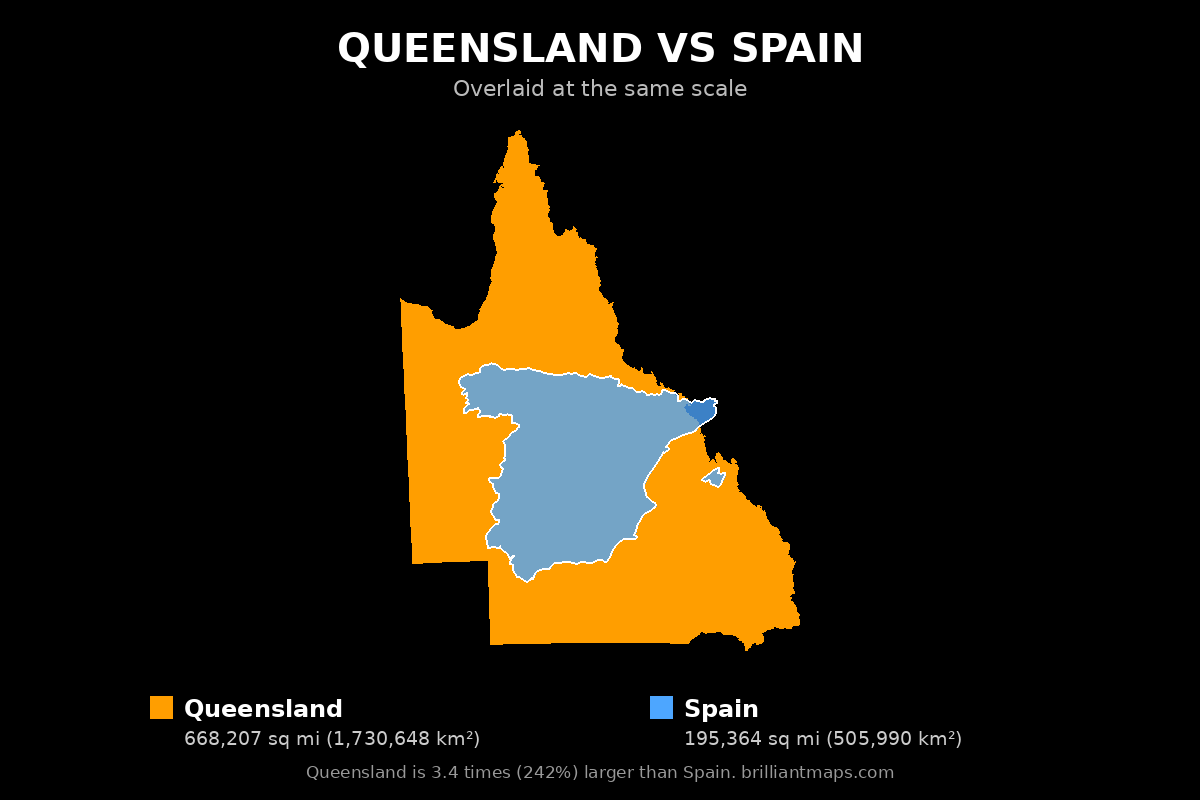 Queensland vs Spain Size Comparison Map