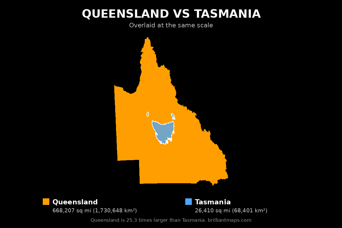 Queensland vs Tasmania Size Comparison Map
