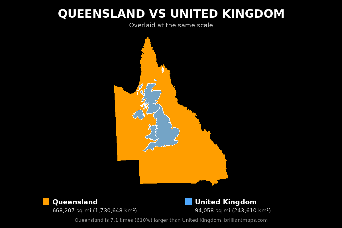 Queensland vs United Kingdom Size Comparison Map