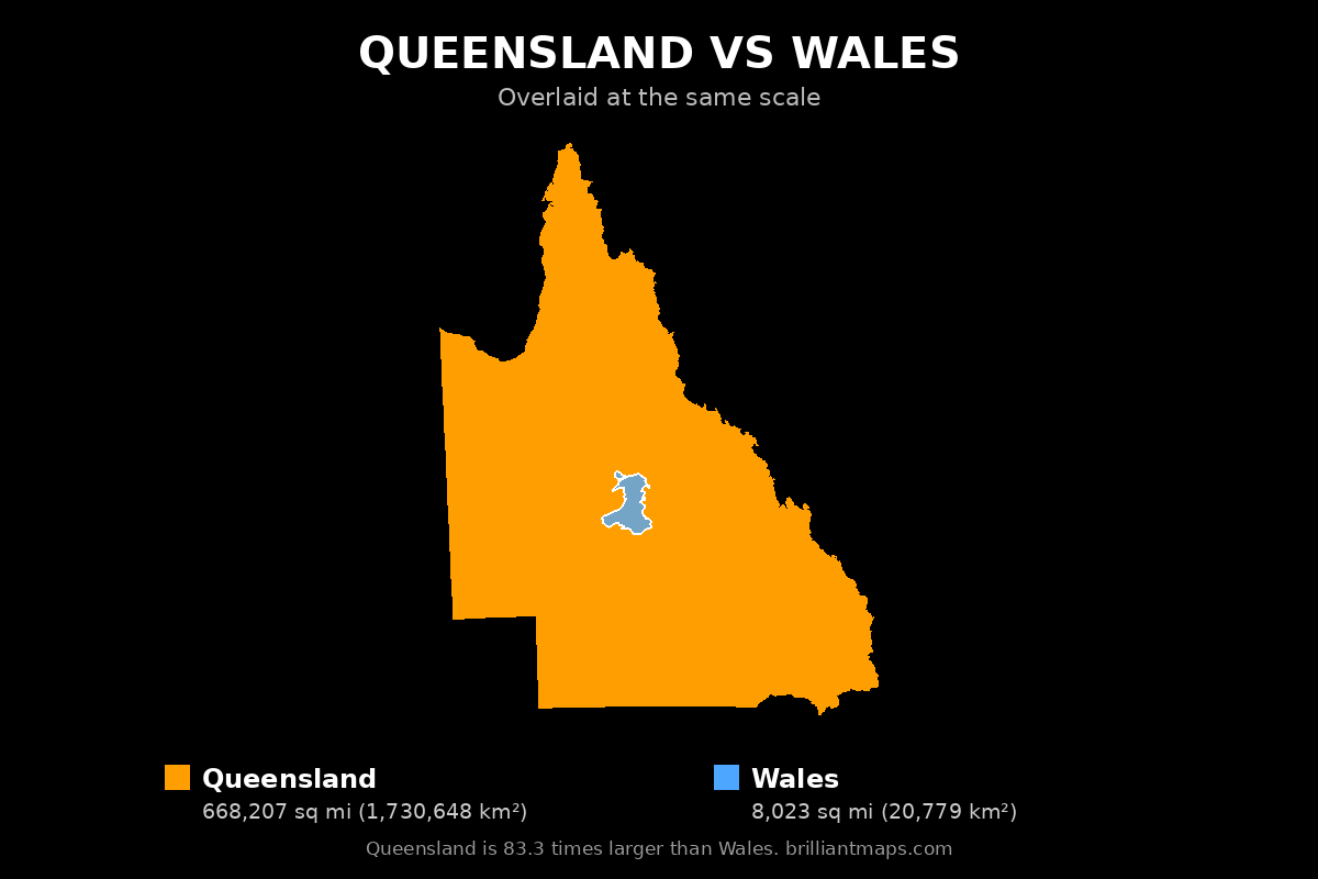 Queensland vs Wales Size Comparison Map
