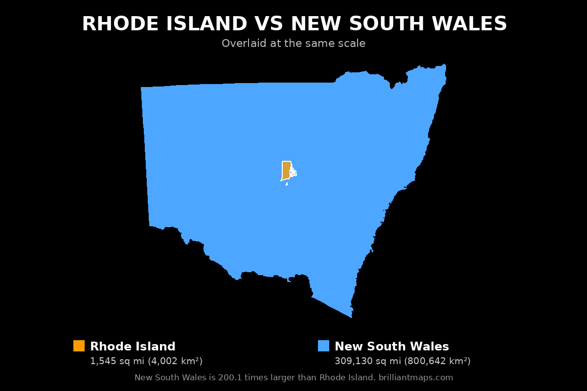 Rhode Island vs New South Wales Size Comparison Map