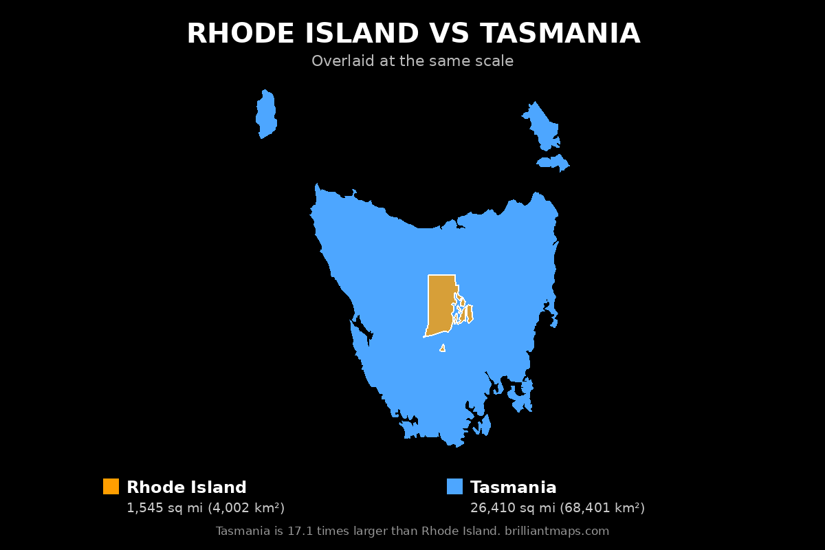 Rhode Island vs Tasmania Size Comparison Map