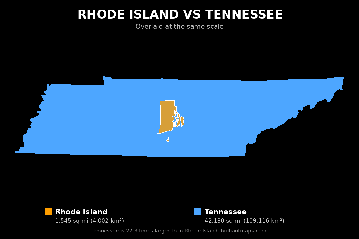 Rhode Island vs Tennessee Size Comparison Map