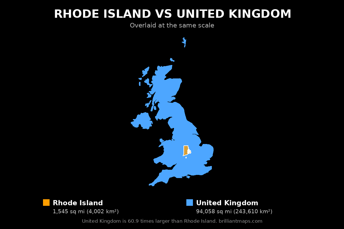Rhode Island vs United Kingdom Size Comparison Map
