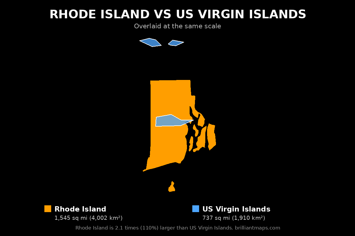 Rhode Island vs US Virgin Islands Size Comparison Map