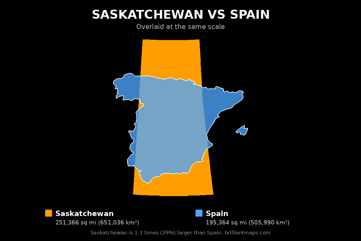 Saskatchewan vs Spain Size Comparison Map