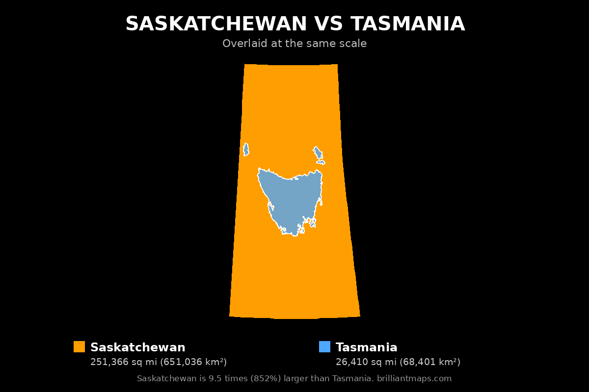 Saskatchewan vs Tasmania Size Comparison Map