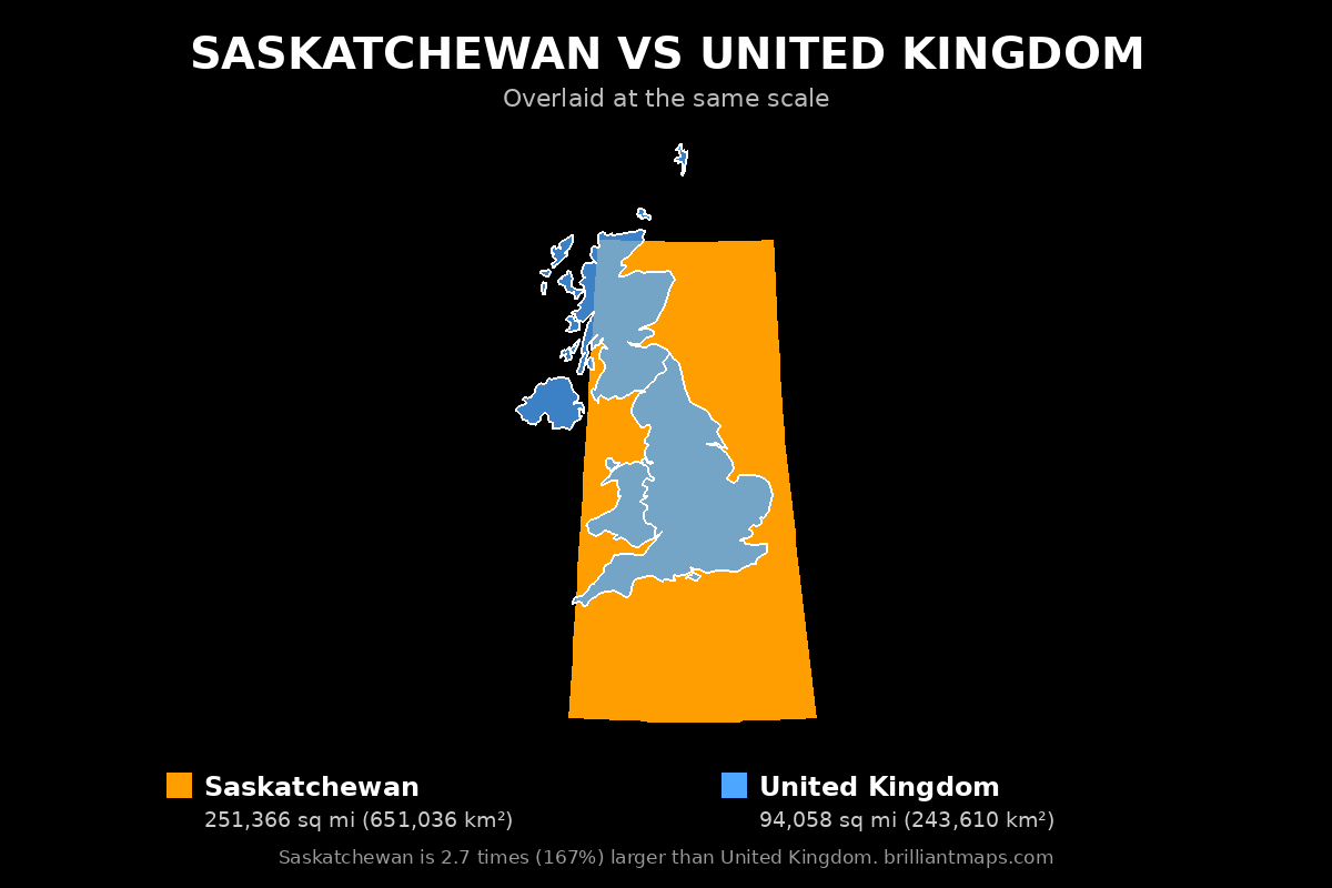Saskatchewan vs United Kingdom Size Comparison Map