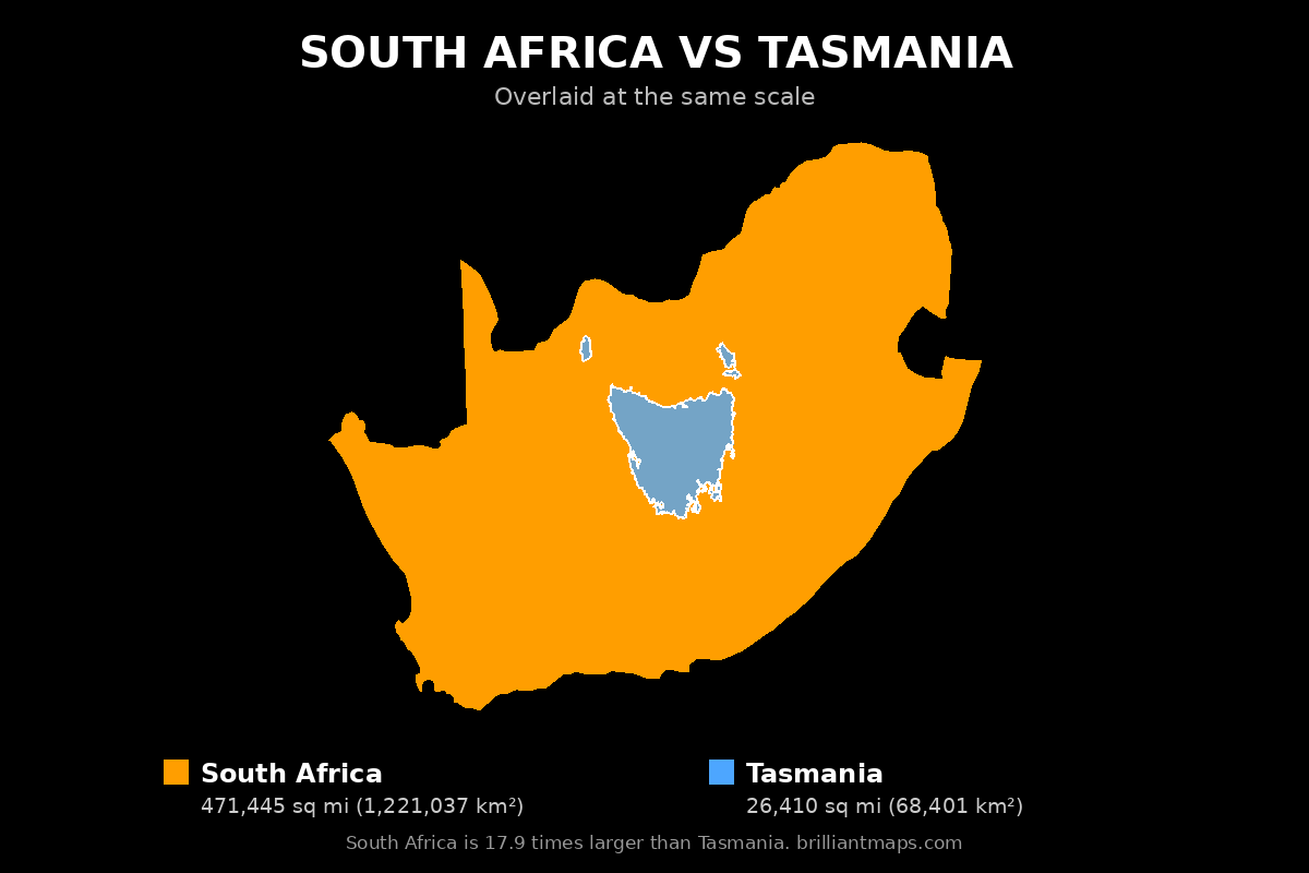 South Africa vs Tasmania Size Comparison Map