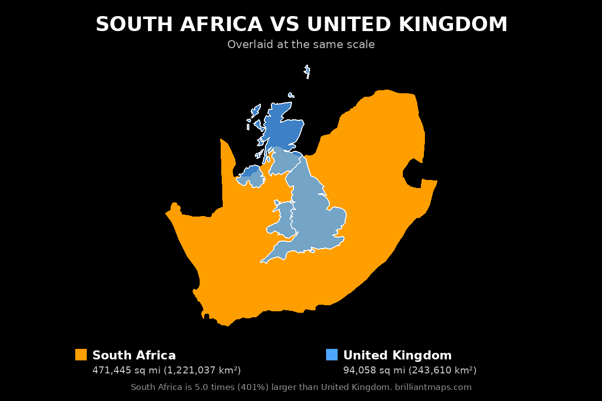 South Africa vs United Kingdom Size Comparison Map