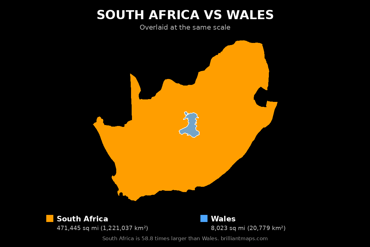 South Africa vs Wales Size Comparison Map