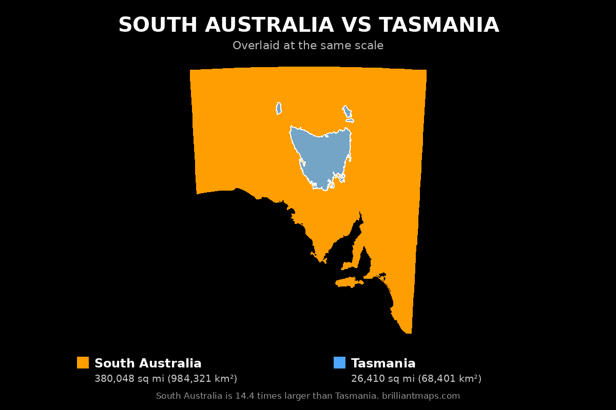 South Australia vs Tasmania Size Comparison Map