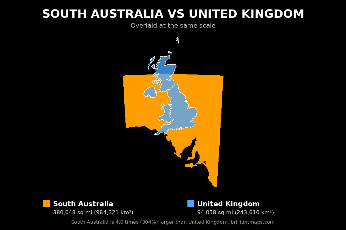 South Australia vs United Kingdom Size Comparison Map