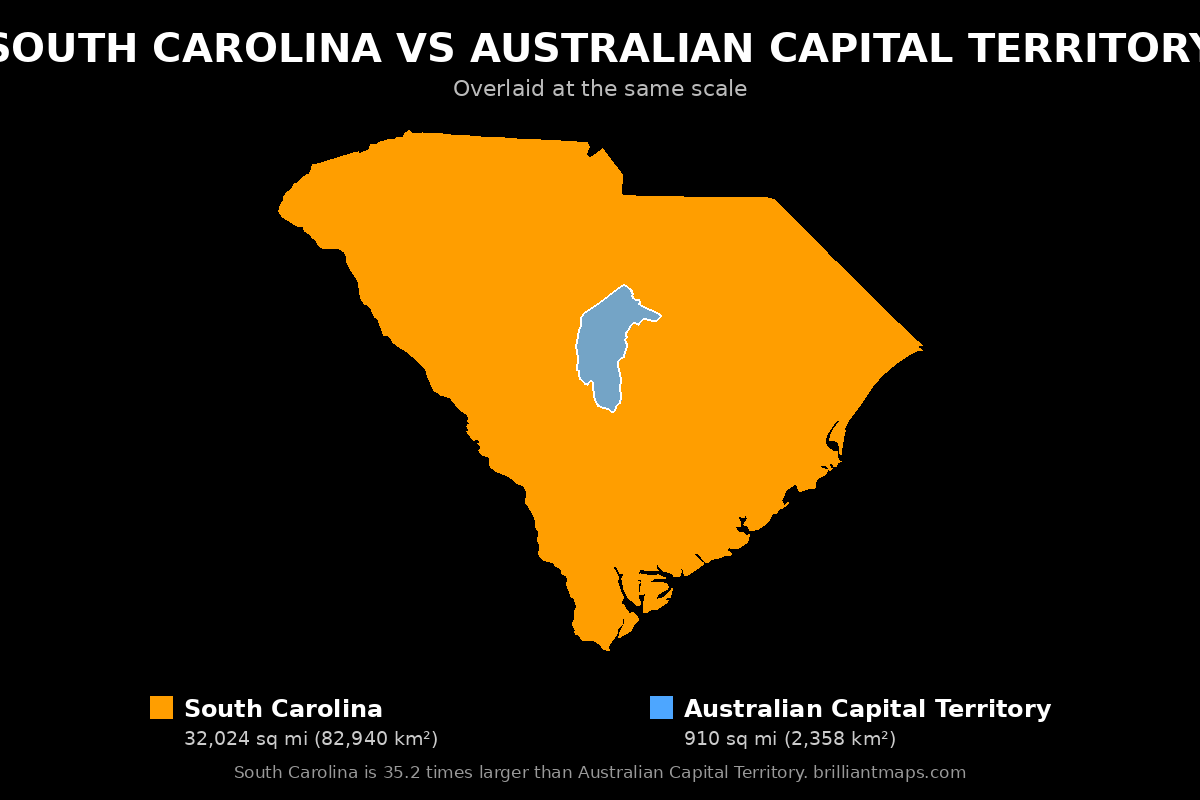 South Carolina vs Australian Capital Territory Size Comparison Map
