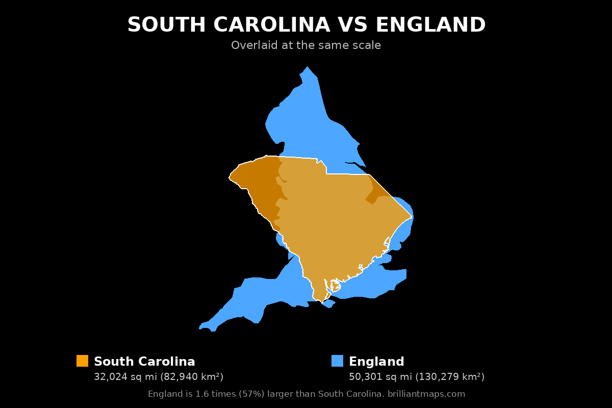 South Carolina vs England Size Comparison Map