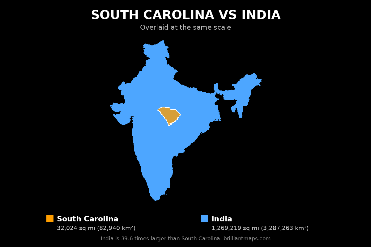 South Carolina vs India Size Comparison Map