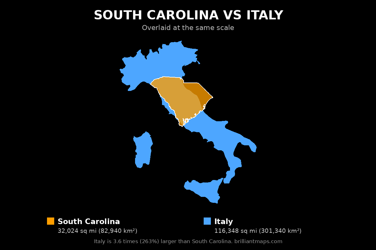 South Carolina vs Italy Size Comparison Map