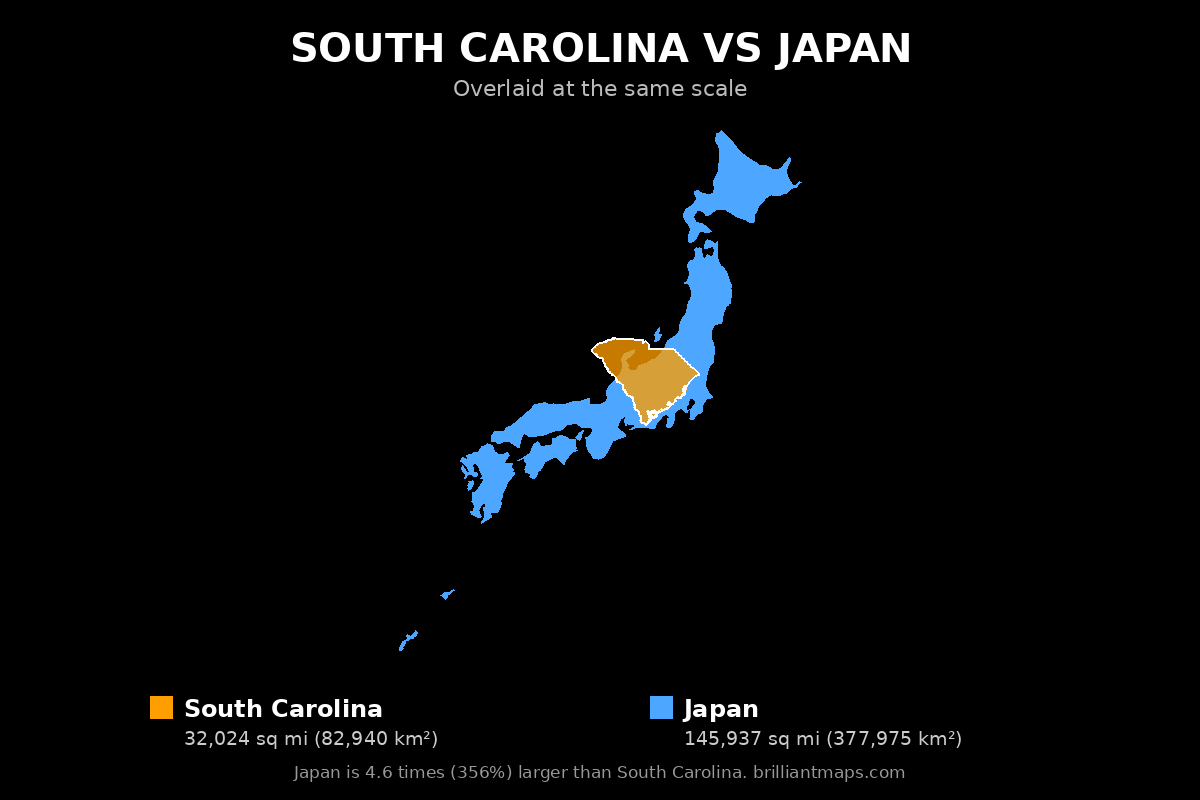 South Carolina vs Japan Size Comparison Map