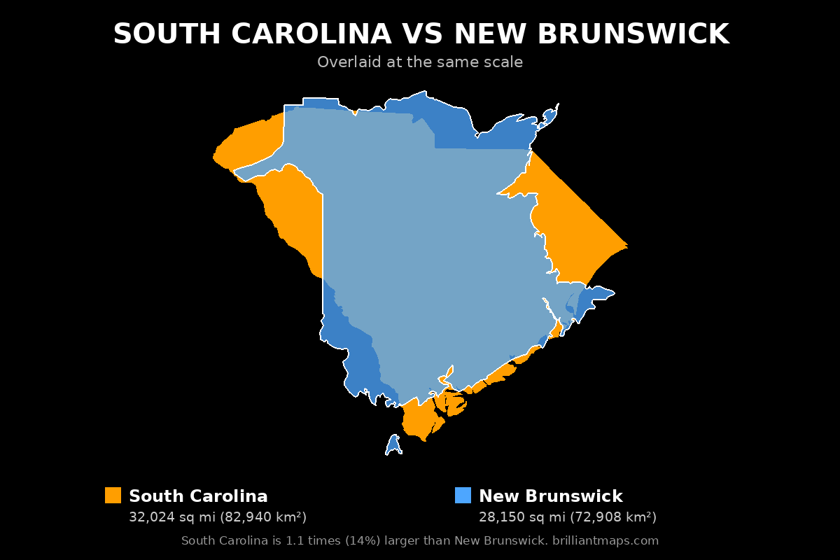 South Carolina vs New Brunswick Size Comparison Map