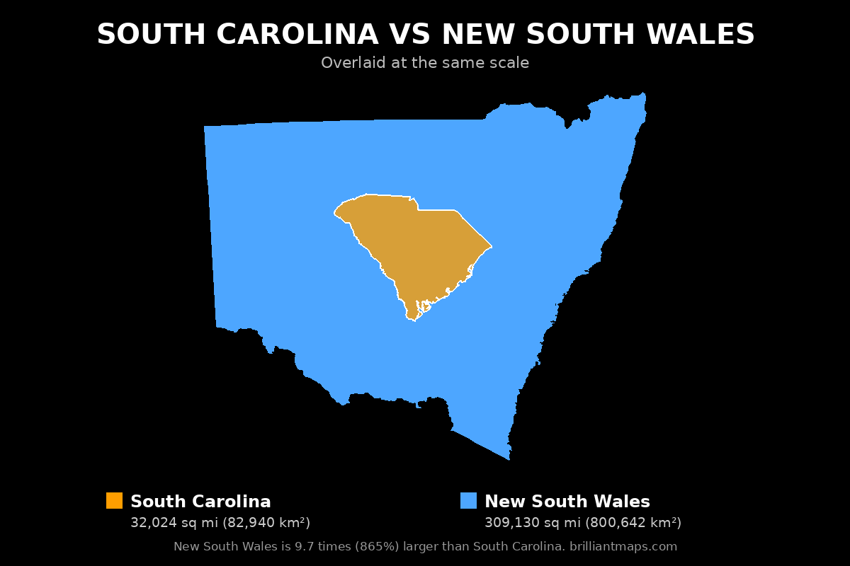 South Carolina vs New South Wales Size Comparison Map