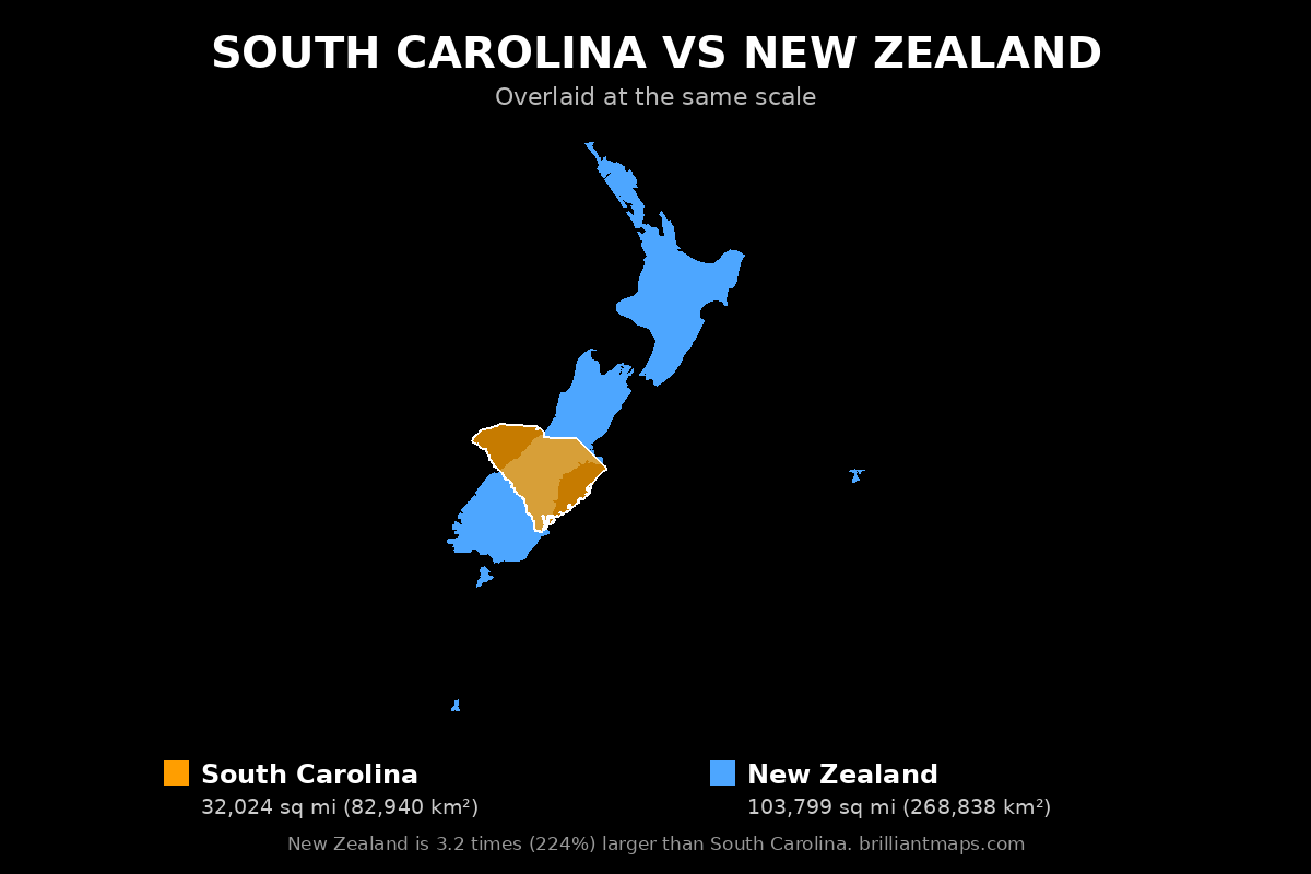 South Carolina vs New Zealand Size Comparison Map