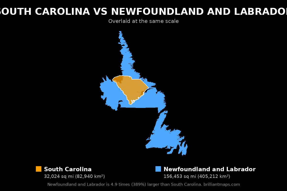 South Carolina vs Newfoundland and Labrador Size Comparison Map