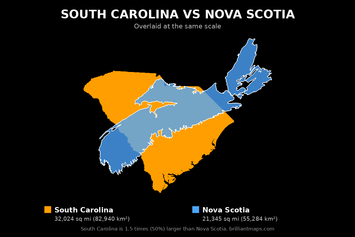 South Carolina vs Nova Scotia Size Comparison Map