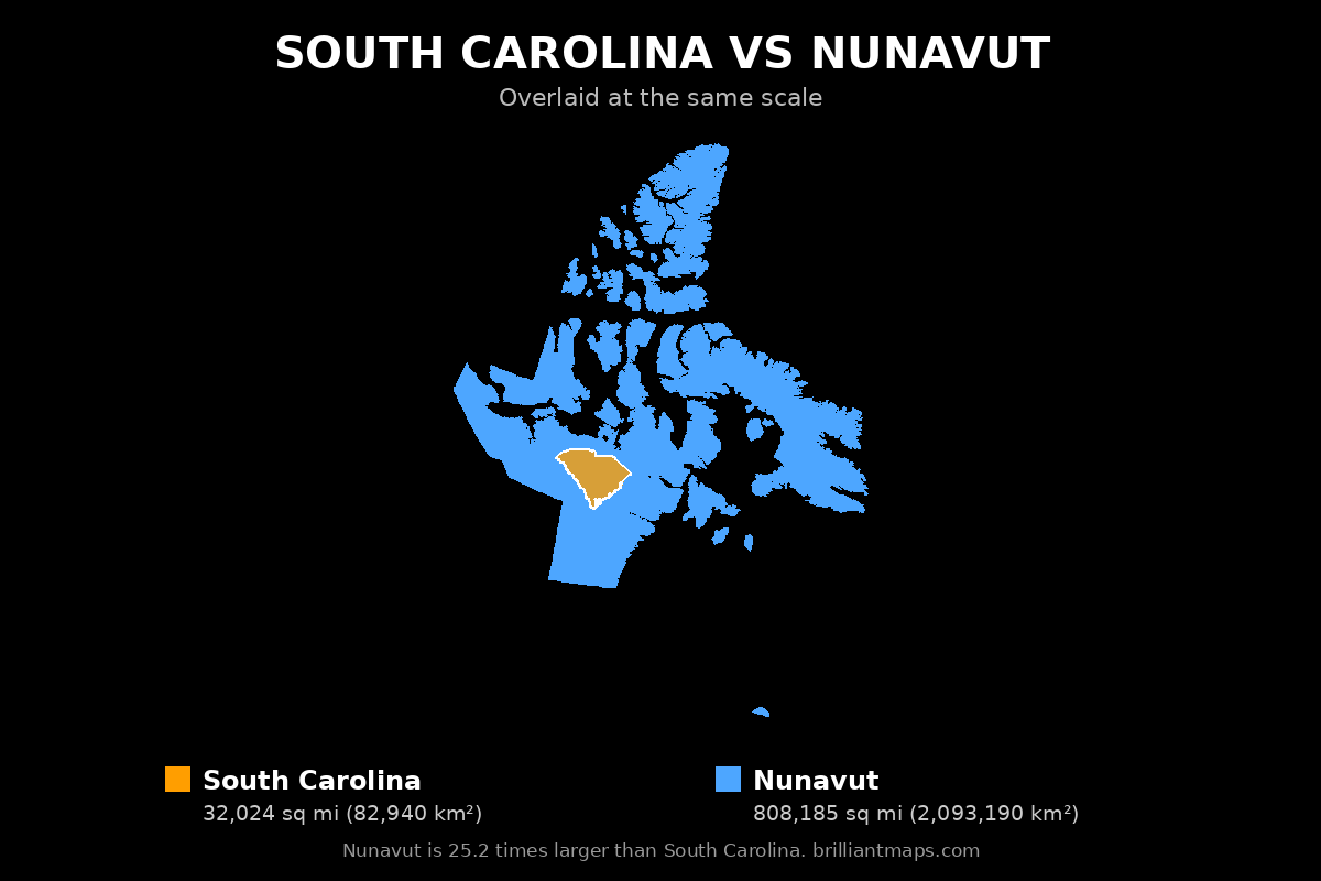 South Carolina vs Nunavut Size Comparison Map